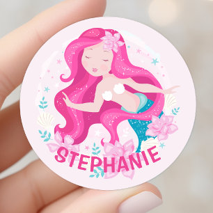 Pegatina Redonda Sirena Niña Pelo Rosa Lindo Fantasía Personalizada