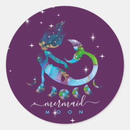 Pegatina Redonda Sirena púrpura luna espiritual zodiaco
