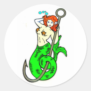 Pegatina Redonda sirena redheaded de la verde-cola