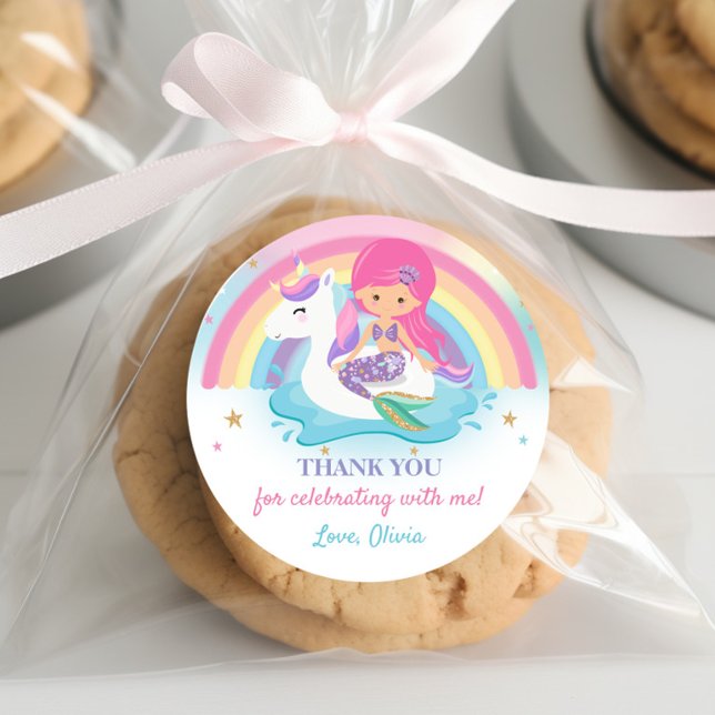 Pegatina Redonda Sirena rosa y fiesta de cumpleaños de la piscina d (Subido por el creador)