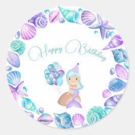 Pegatina Redonda Sirena turquesa bajo el mar Feliz cumpleaños