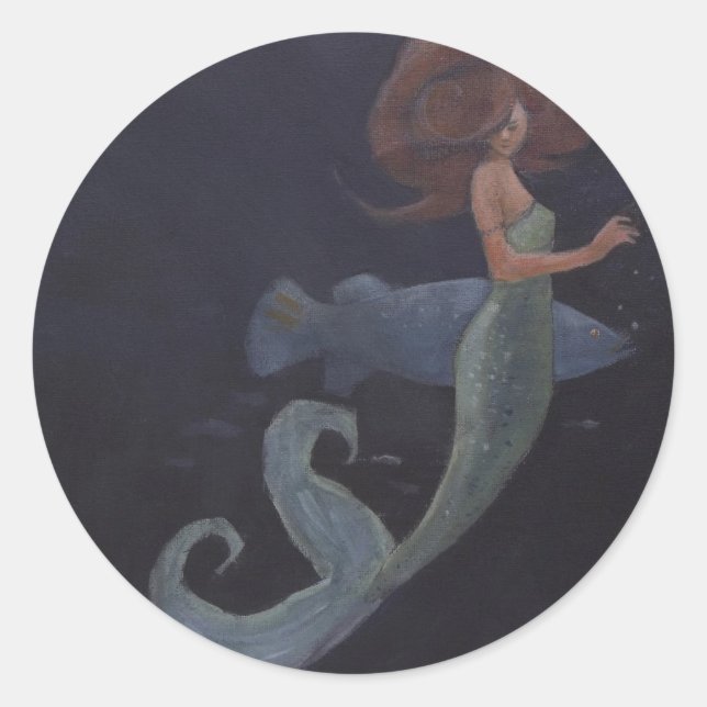 Pegatina Redonda Sirena y peces azules (Anverso)