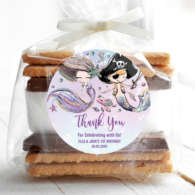 Pegatina Redonda Sirena y pirata bajo el mar a favor del cumpleaños (Subido por el creador)