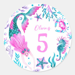Pegatina Redonda Sirenas acuáticas, conchas marinas y criaturas oce