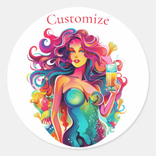 Pegatina Redonda Sirenita de cabello arcoiris con cóctel