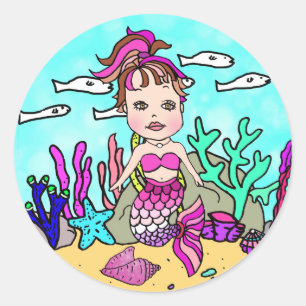Pegatina Redonda Sirenita de Magenta Tropical Under the Sea