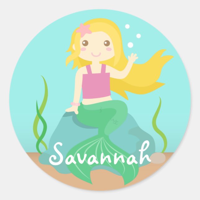 Pegatina Redonda Sirenita del océano, para Chicas (Anverso)