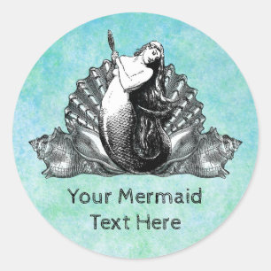 Pegatina Redonda Sirenita vintage con azaderas