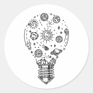 Pegatina Redonda Sistema solar Doodle en bombilla