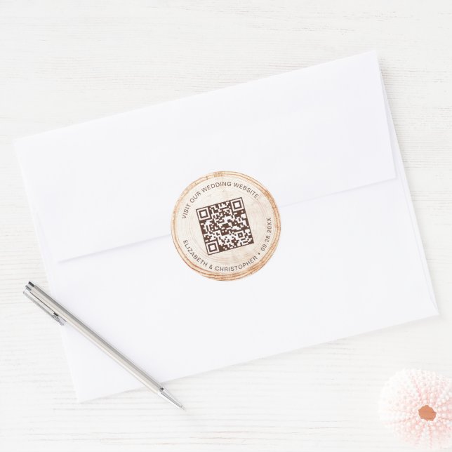 Pegatina Redonda sitio web boda código QR Leña Rusa RSVP (Sobre)