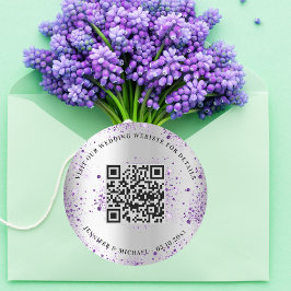 Pegatina Redonda sitio web boda detalles del código QR rsvp violet 
