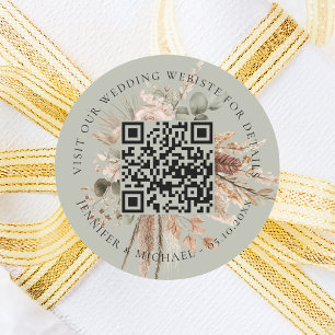 Pegatina Redonda sitio web boda QR detalles rsvp sage pampas verde