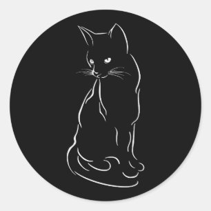 Pegatina Redonda Sitting Black Cat Silhouette   Esbozo manual