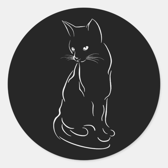 Pegatina Redonda Sitting Black Cat Silhouette | Esbozo manual (Anverso)
