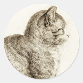 Pegatina Redonda Sitting cat vintage sepia pencil drawing