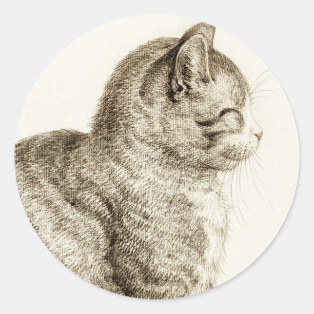 Pegatina Redonda Sitting cat vintage sepia pencil drawing (Anverso)
