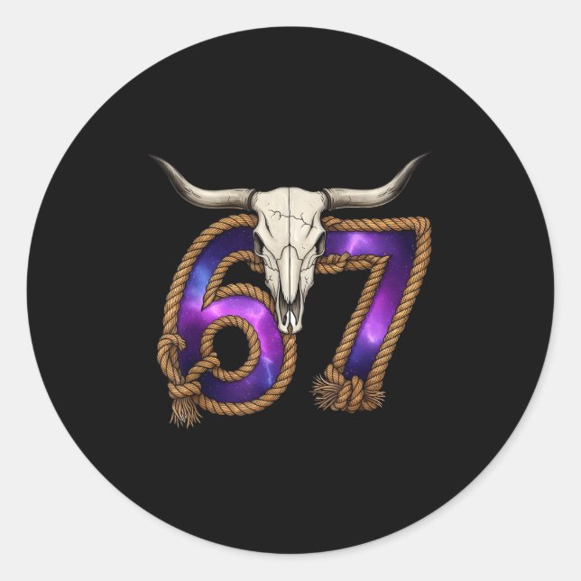 Pegatina Redonda Six Seven 67 Meme Funny Western Cowboy Bull Skull  (Anverso)