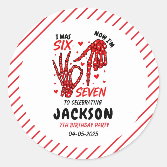 Pegatina Redonda Six Seven Birthday Skeleton Hands Party (Anverso)
