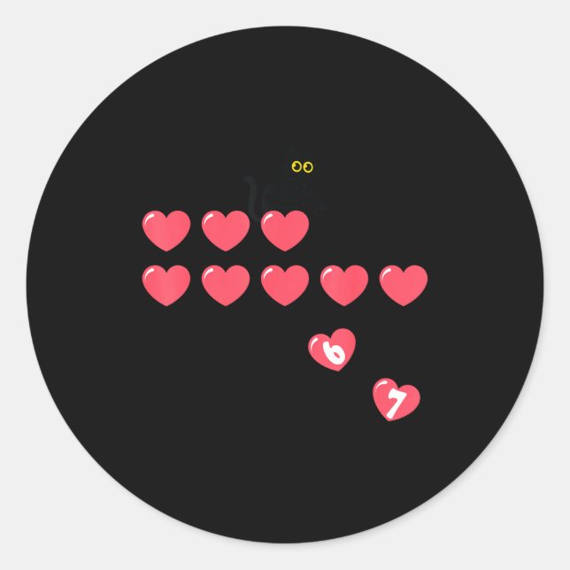 Pegatina Redonda Six Seven Black Cat Knocking Off Hearts Funny 67 V (Anverso)