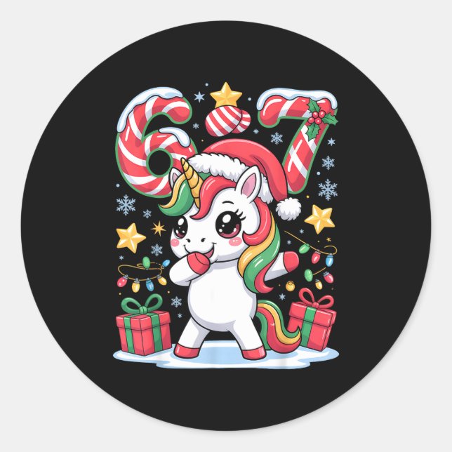 Pegatina Redonda Six Seven Christmas Unicorn Meme Funny Cute Holida (Anverso)