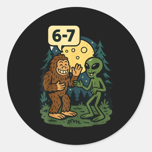 Pegatina Redonda Six Seven Funny Bigfoot And Alien 67 Viral Meme Sa (Anverso)