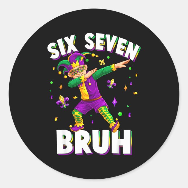 Pegatina Redonda Six Seven Mardi Gras Jester 67 Meme Carnival 6 7 K (Anverso)