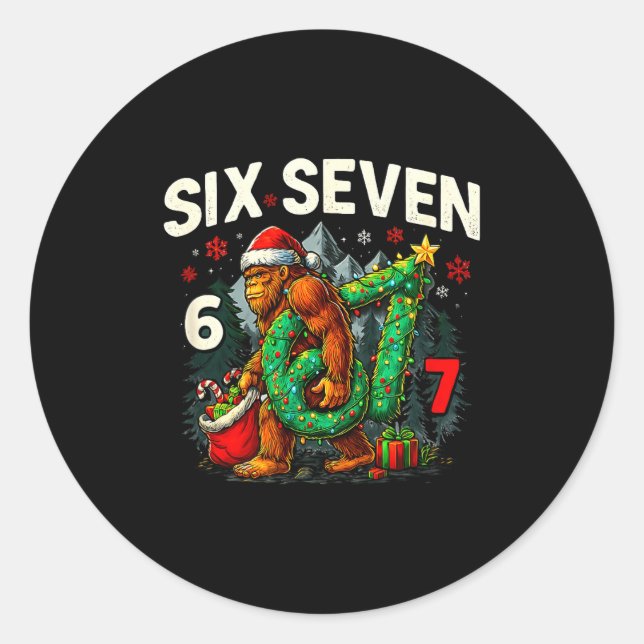 Pegatina Redonda Six Seven Santa Bigfoot Christmas Sasquatch 67 Fun (Anverso)