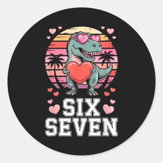 Pegatina Redonda Six Seven Valentine’s Day Dinosaur T-rex For Kids  (Anverso)