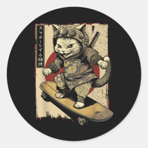 Pegatina Redonda Skateboard japonés samurai Cat Tattoo Kawaii Ninj