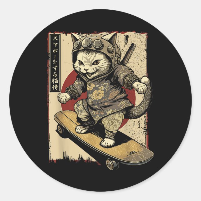 Pegatina Redonda Skateboard japonés samurai Cat Tattoo Kawaii Ninj (Anverso)