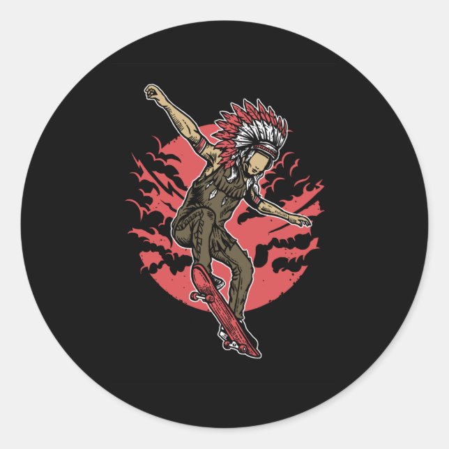 Pegatina Redonda Skateboard jefe indio (Anverso)