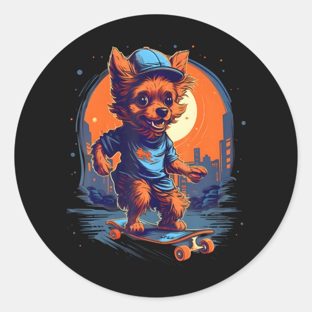 Pegatina Redonda Skateboarding Chorkie Dog Skateboard (Anverso)