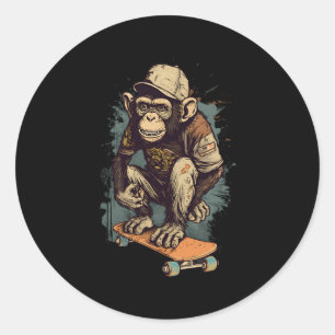 Pegatina Redonda Skater Monkey Chimpanzee Skateboard