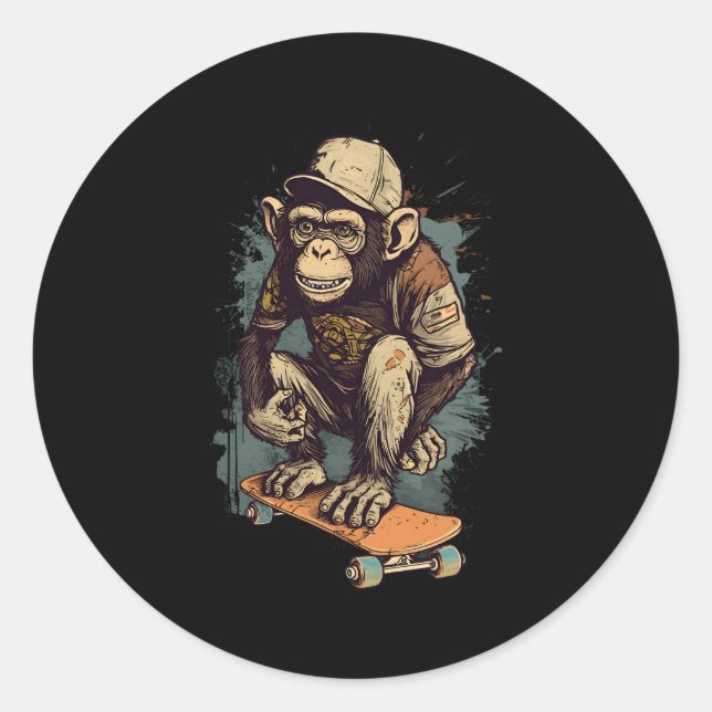 Pegatina Redonda Skater Monkey Chimpanzee Skateboard (Anverso)