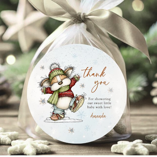 Pegatina Redonda Skating Christmas Puppy Snowflakes Thank You (Subido por el creador)