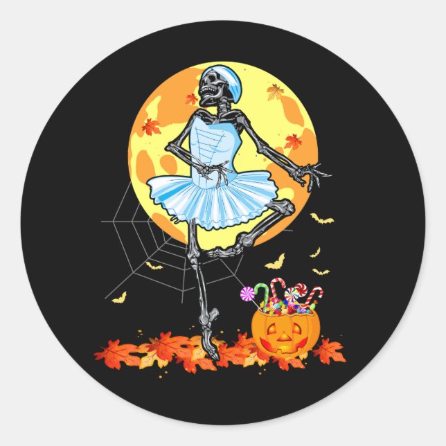 Pegatina Redonda Skeleton bailando Ballet Ballet Dance Halloween (Anverso)