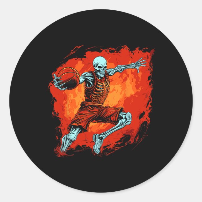 Pegatina Redonda Skeleton Basketball Player Halloween Spooky (Anverso)