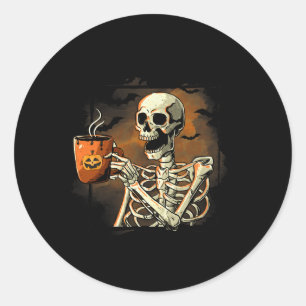 Pegatina Redonda Skeleton Beber café Funny Skull Halloween Cos