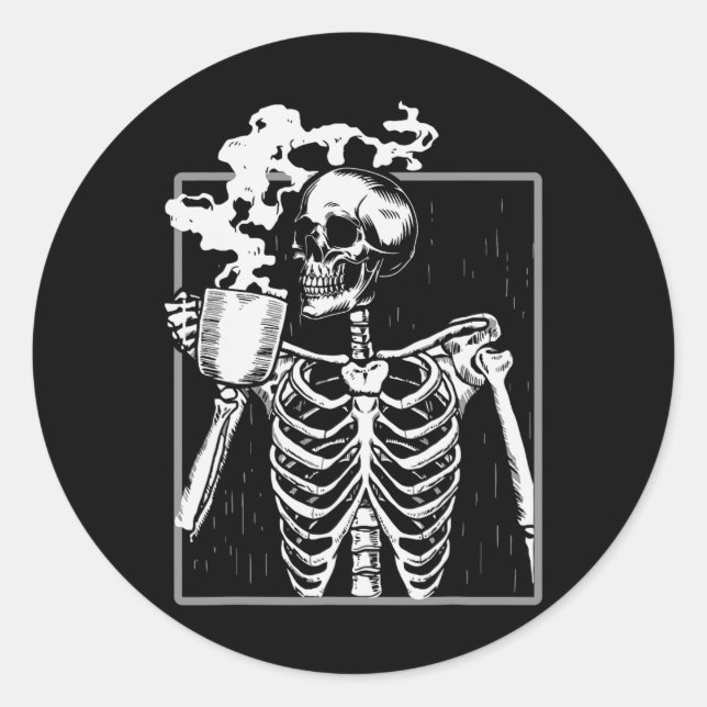 Pegatina Redonda Skeleton Beber café Gracioso Cráneo Hombres Hombre (Anverso)