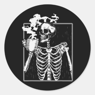 Pegatina Redonda Skeleton Beber café Hombres Fun Skull Hombres Muje