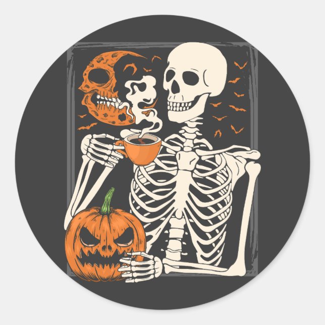 Pegatina Redonda Skeleton Beber café Lover Halloween Skull (Anverso)