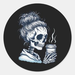 Pegatina Redonda Skeleton Beber café Messy Bun Women Halloween