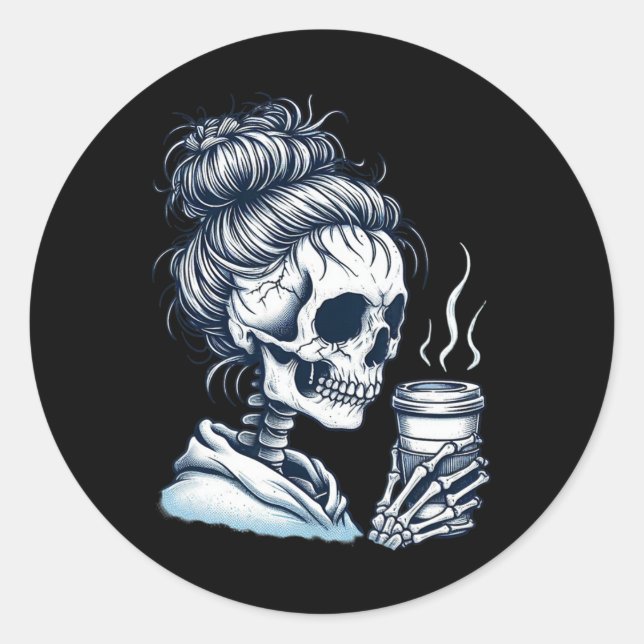 Pegatina Redonda Skeleton Beber café Messy Bun Women Halloween (Anverso)