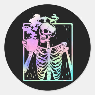 Pegatina Redonda Skeleton Beber café Mujeres Halloween Costu Hallow