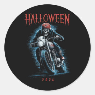 Pegatina Redonda Skeleton Biker On Motorcycle Halloween 2024 Spooky