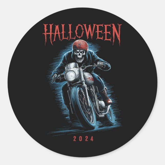 Pegatina Redonda Skeleton Biker On Motorcycle Halloween 2024 Spooky (Anverso)