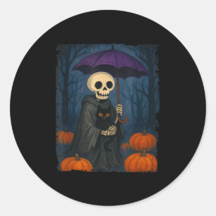 Pegatina Redonda Skeleton Black Cat Purple Umbrella Pumpkin Hallowe