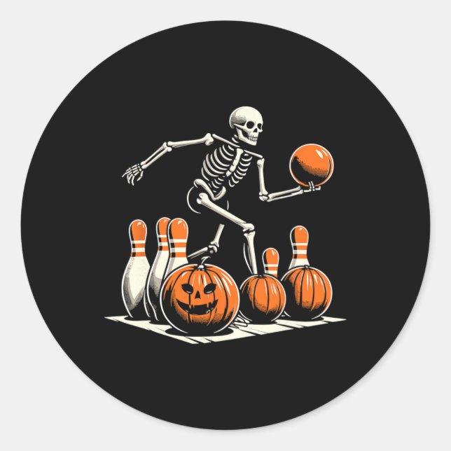 Pegatina Redonda Skeleton Bowling Player Funny Bowler Halloween (Anverso)