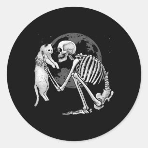 Pegatina Redonda Skeleton Cat Skull Kitty Típico Fantasma Halloween