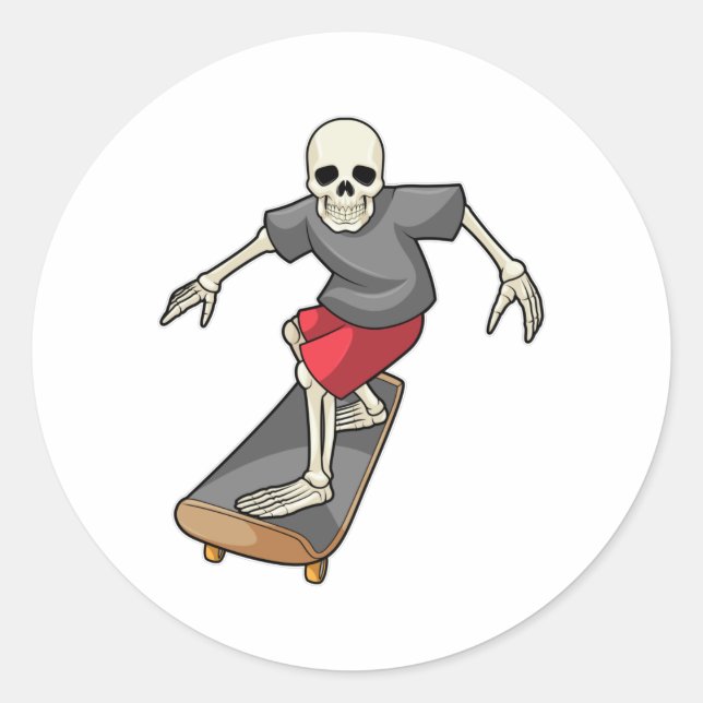 Pegatina Redonda Skeleton como Skater con Skateboard (Anverso)